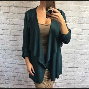 FAUX SUEDE CASCADE DRAPE CARDIGAN